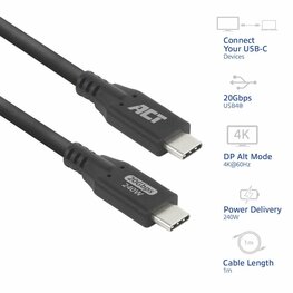 ACT | USB4 Kabel | 20Gbps | 240W | USB-C naar USB-C | 1m | Zwart
