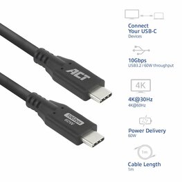 ACT | USB 3.0 Kabel | 10Gbps | 60W | USB-C naar USB-C | 1m | Zwart