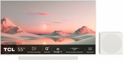 TCL NXTFRAME 55A300W Pro Wit 55" | Ultra HD 4K QLED Smart TV | Draadloze Soundbar en Subwoofer | Google TV + Wifi | HDR10+ | 120Hz | Refurbishe